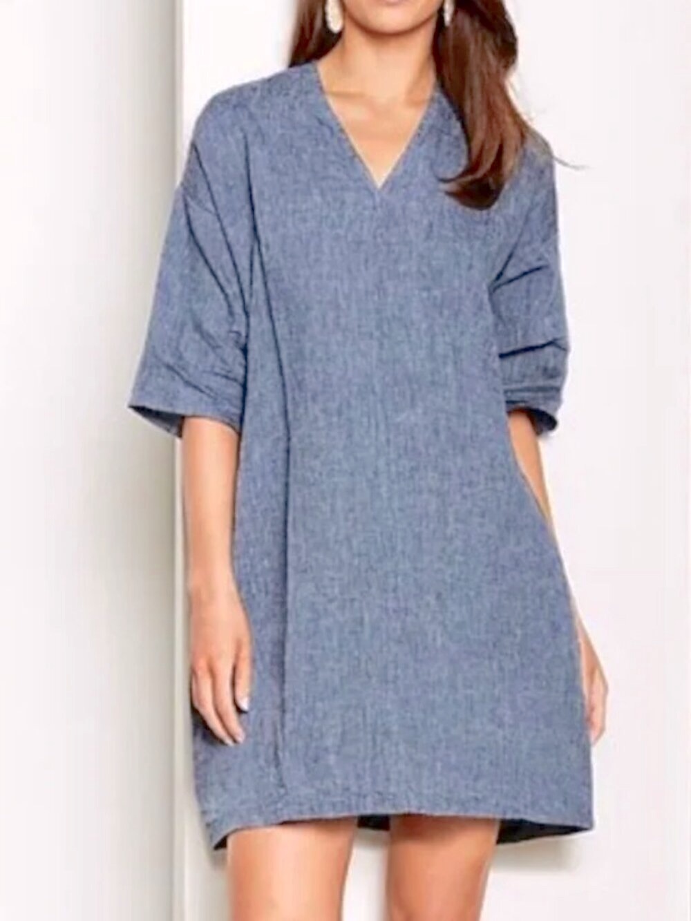 Bryn Walker Bingley Tunic Dress 2X Blue Linen 3/4 Sleeves Lagenlook Pockets